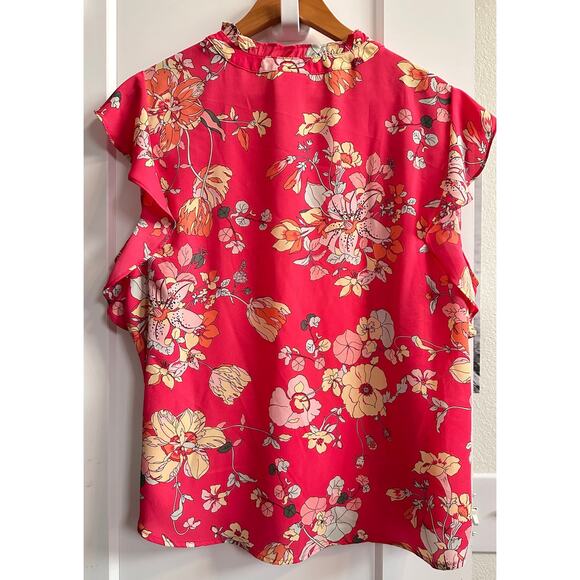 Liz Claiborne Blouse Petite XL Red Teaberry Hawai Floral Ruffle Sleeve  V Neck - Picture 3 of 6